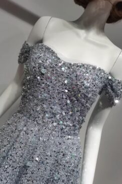 Alternative view of Silver Off The Shoulder Sequin Embellished Evening Gown