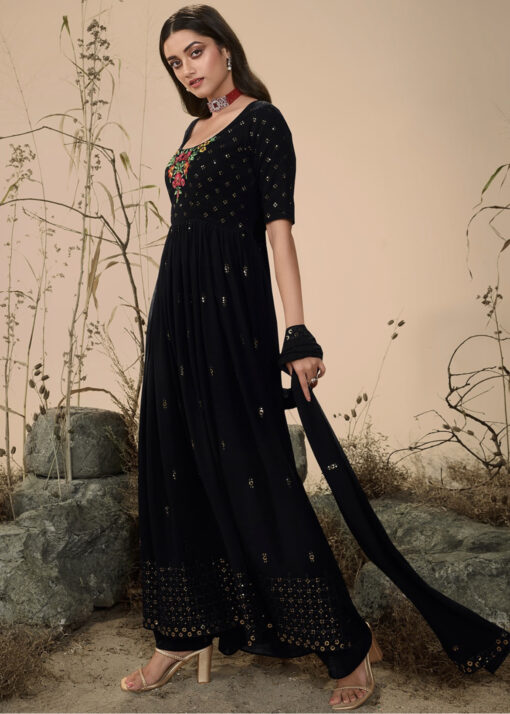 Black Anarkali Style Embroidered Palazzo Suit