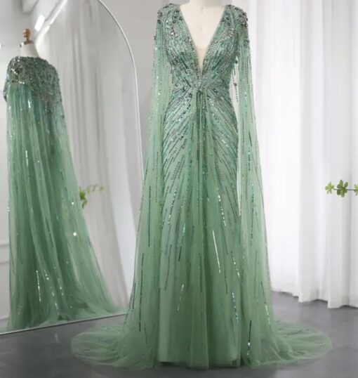 Cape Sleeve Embellished Evening Gown