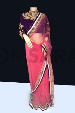 Pink Net Saree With Readymade Velvet Blouse