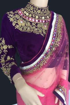 Alternative view of Pink Net Saree With Readymade Velvet Blouse