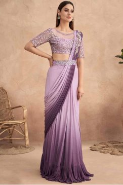 Purple Pre-Pleated Lehenga Style Saree With Belt