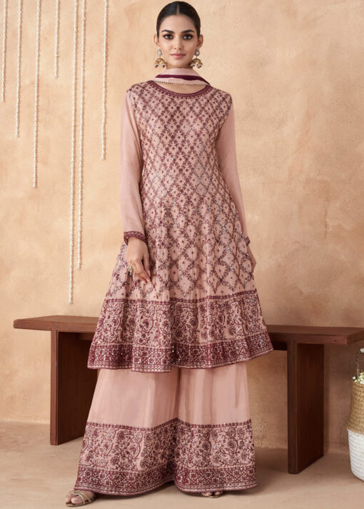 Pink Anarkali Style Embroidered Palazzo Suit