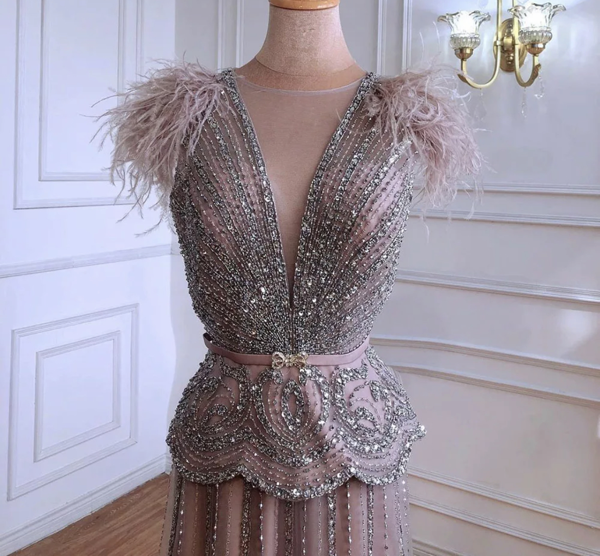 Pink Beaded Feather Sleeve Evening Gown Evening Dresses Made To