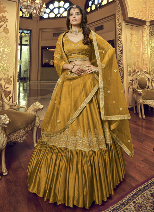 Mustard Embroidered Party Wear Lehenga Choli