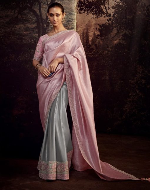 Pink & Grey Fancy Fabric Embroidered Wedding Saree