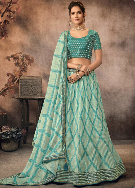 Turquoise Leheriya Umbrella Lehenga Choli