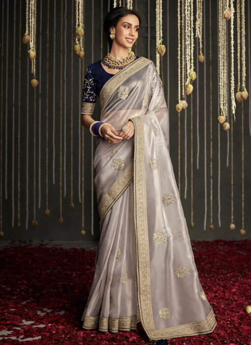 Mauve Silk Embroidered Sangeet Saree