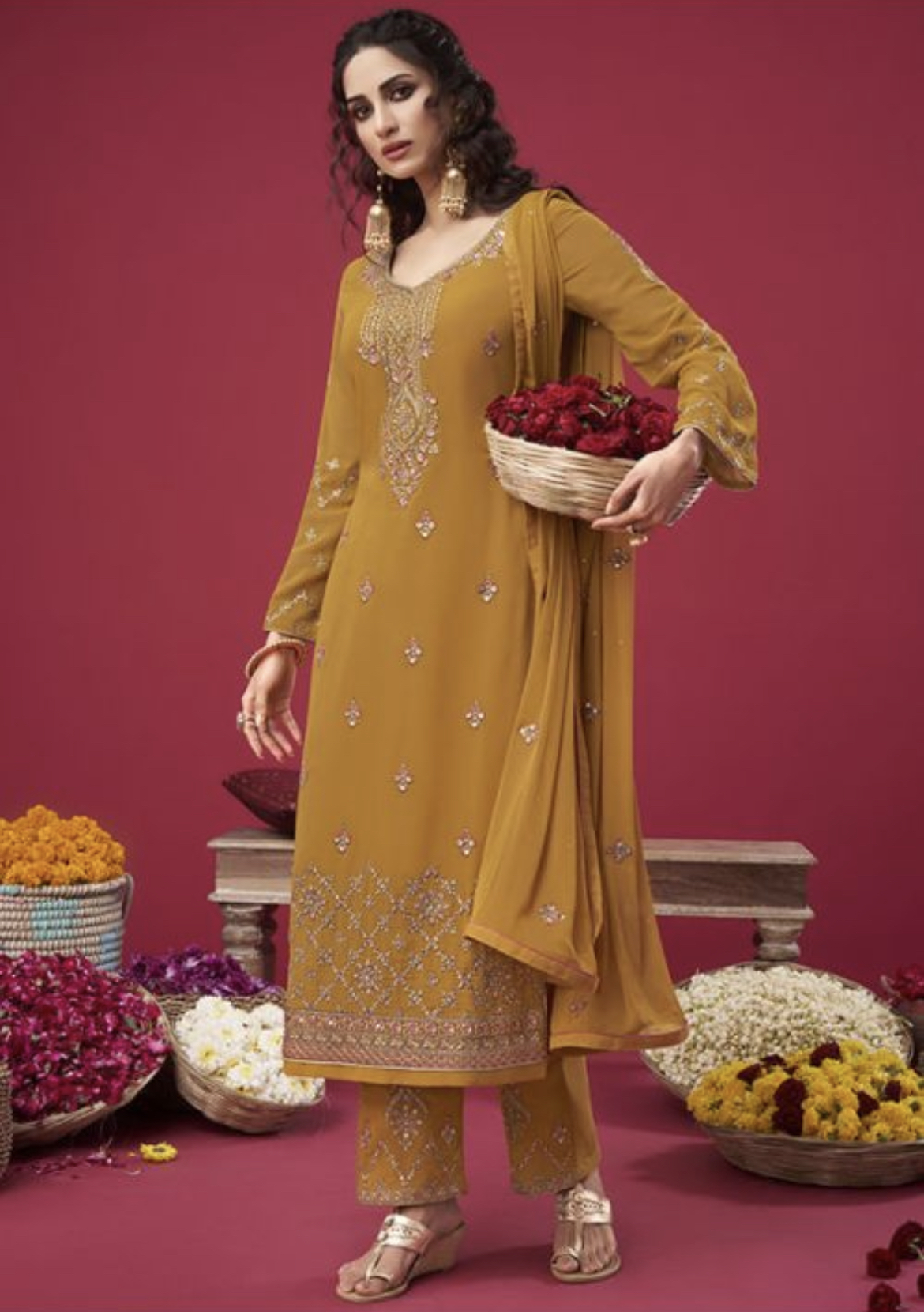Mustard Straight Cut Pant Suit Salwar Kameez Designer