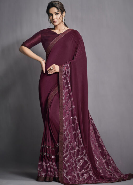 Wine Lycra Party Wear Saree