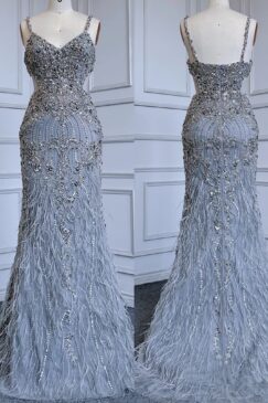 Grey Feathered Cut Out Embellished Evening Gown
