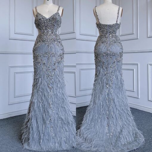 Grey Feathered Cut Out Embellished Evening Gown