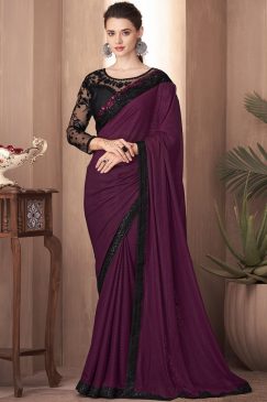 Purple Embroidered Border Party Wear Saree