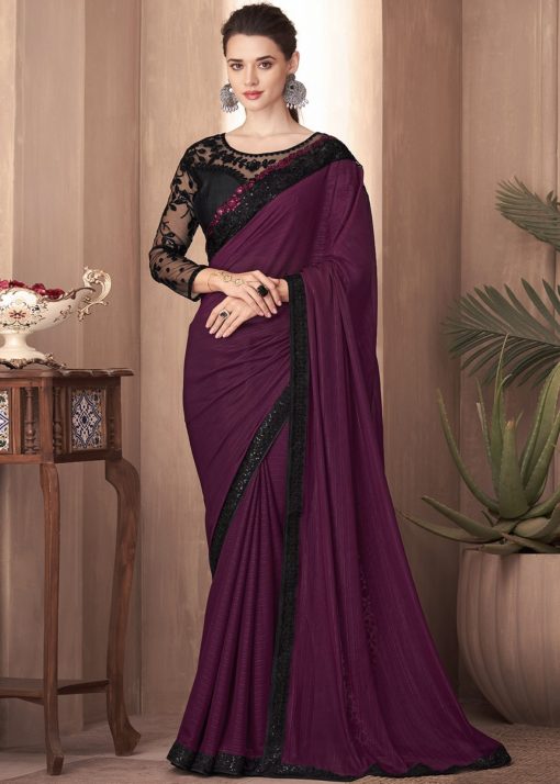 Purple Embroidered Border Party Wear Saree