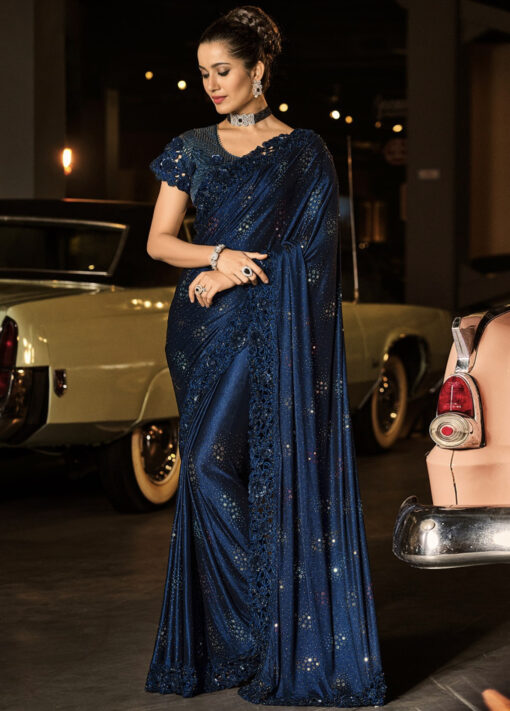 Blue Heavy Crystal And Mirror Work Saree