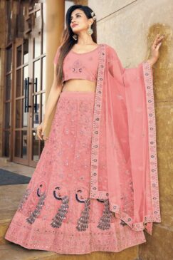 Rose Pink Embroidered Net Party Wear Lehenga Choli