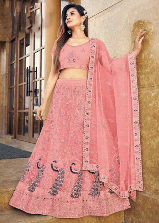 Rose Pink Embroidered Net Party Wear Lehenga Choli