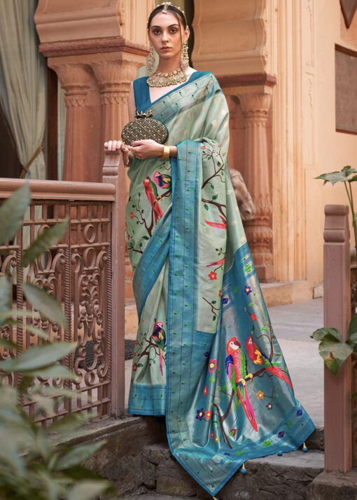 Blue Zari Woven Paithani Silk Saree