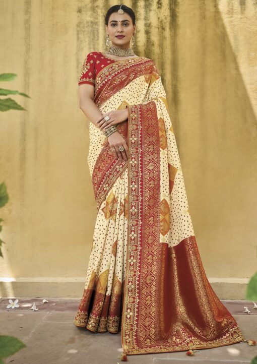 Cream & Red Dola Silk Embroidered Wedding Saree