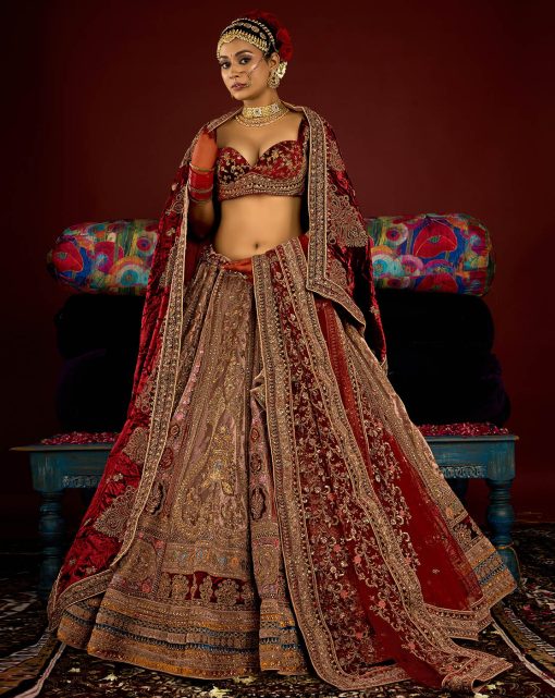 Royal Chiku Velvet Embroidered Bridal Lehenga Choli