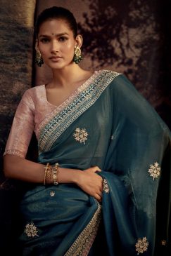 Alternative view of Blue Fancy Fabric Embroidered Wedding Saree