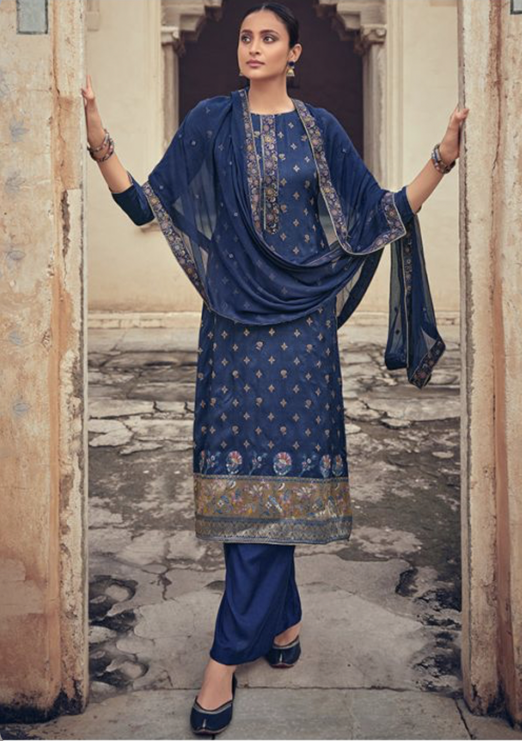Blue Jacquard Silk Embroidered Pant Suit Salwar Kameez Designer