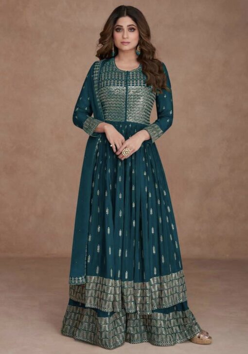 Teal Embroidered Anarkali Style Palazzo Suit