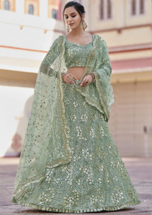 Green Net Party Wear Lehenga Choli