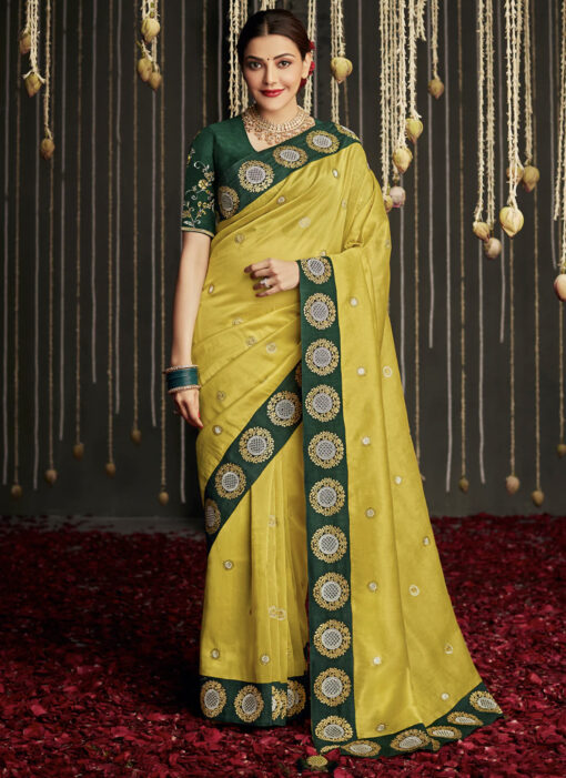 Yellow Silk Embroidered Sangeet Saree