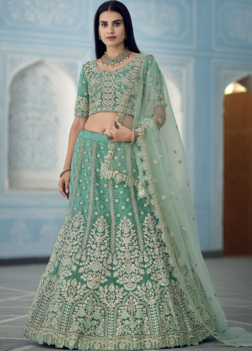 Turquoise Organza Sangeet Lehenga Choli