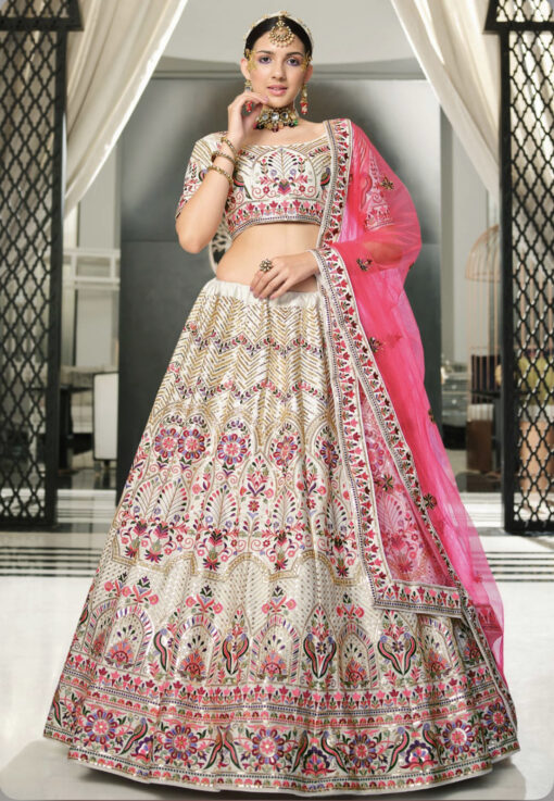 White & Pink Silk Sequinned Lehenga Choli