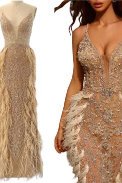 Sequin Embellished Feathered Evening Gown