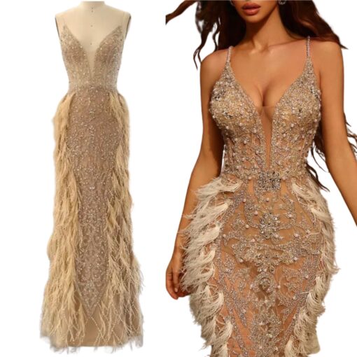 Sequin Embellished Feathered Evening Gown