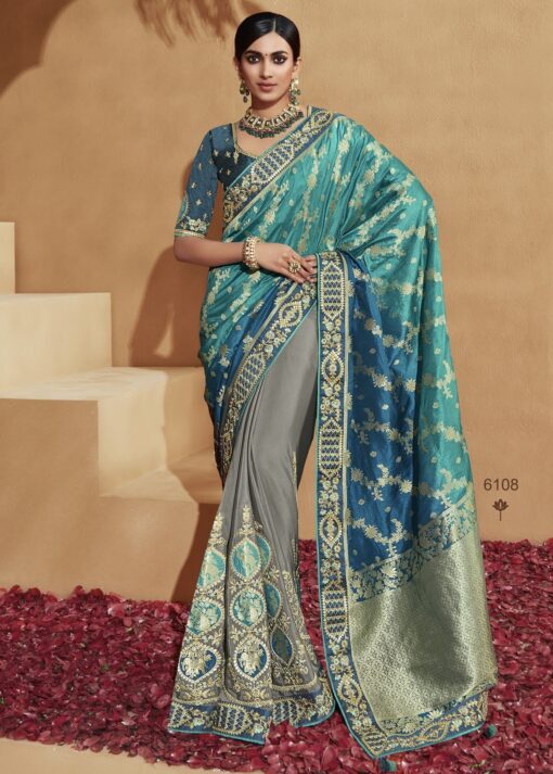 Blue & Grey Banarasi Silk Embroidered Wedding Saree
