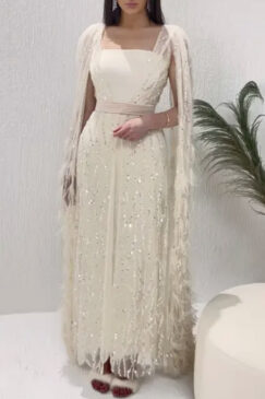 Feathered Long Cape Sleeve Sequinned Modest Evening Dress