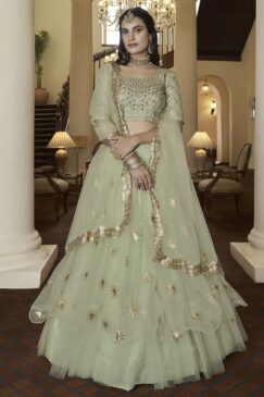 Pista Green Embroidered Net Party Wear Lehenga Choli