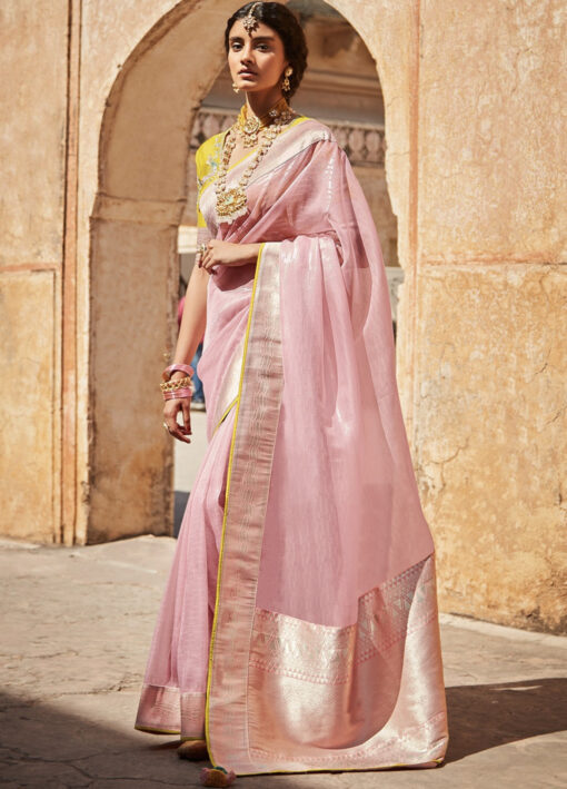 Pink Woven Silk Embroidered Saree