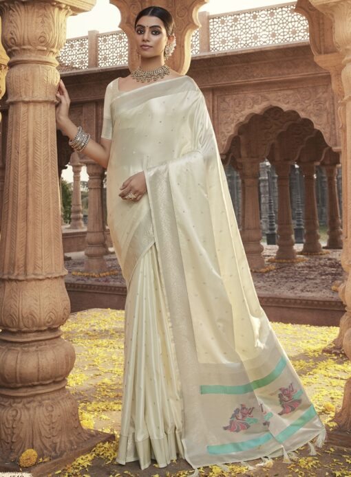Ivory Traditional Soft Satin Silk Saree