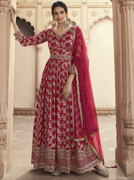 Red Embroidered Floor Length Anarkali Suit