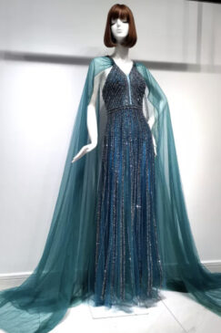 Teal Green Cape Style Beaded Evening Gown