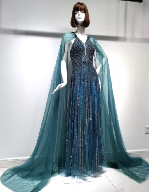 Teal Green Cape Style Beaded Evening Gown