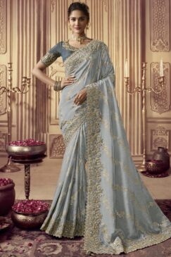 Grey Blue Fancy Silk Wedding Party Wear Saree