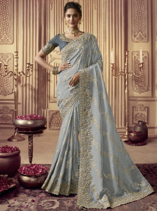 Grey Blue Fancy Silk Wedding Party Wear Saree