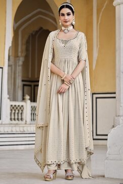 Beige Embroidered Palazzo Style Anarkali Suit