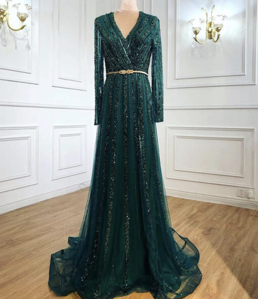 A Line Heavily Beaded Full Sleeve Evening Dress