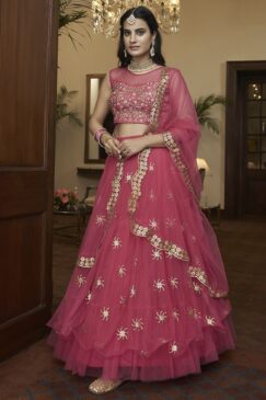 Bright Pink Embroidered Net Party Wear Lehenga Choli