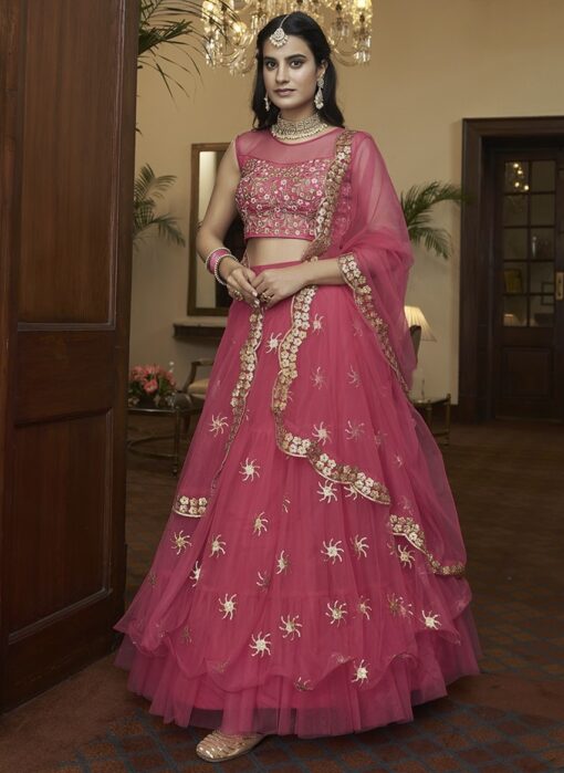 Bright Pink Embroidered Net Party Wear Lehenga Choli