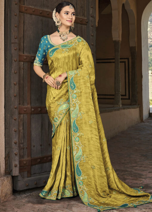 Yellow Silk Wedding Party Wear Saree