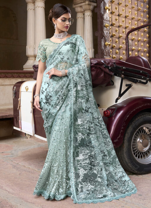 Sea Green Heavy Appliqué Work Bridal Saree