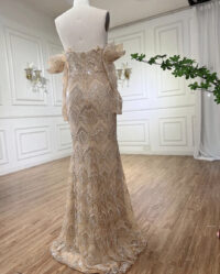 Champagne Sleeveless One Shoulder Pearls Beading Pleated Sheath Evening Formal Gown